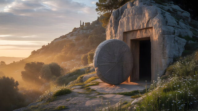 The empty tomb of jesus christ at sunrise