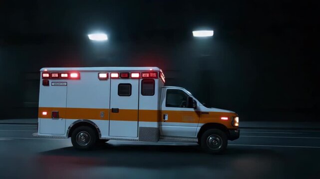 Speeding ambulance on city streets at night with blurred lights