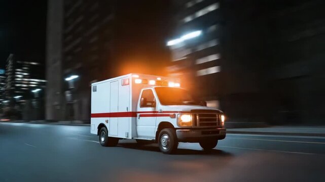 Emergency ambulance rushing through city streets at night with blurred lights