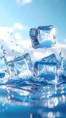 Shiny blue ice cubes splashing dramatically into clear water under a bright sky.