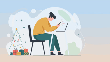 Woman distracted by phone while working remotely during Christmas season