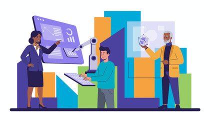 Professional team analyzing data using robotics and future technology for business innovation