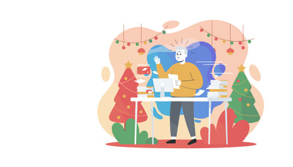 Flat illustration of an office worker managing endofyear tasks and documents in a festive Christmas workspace