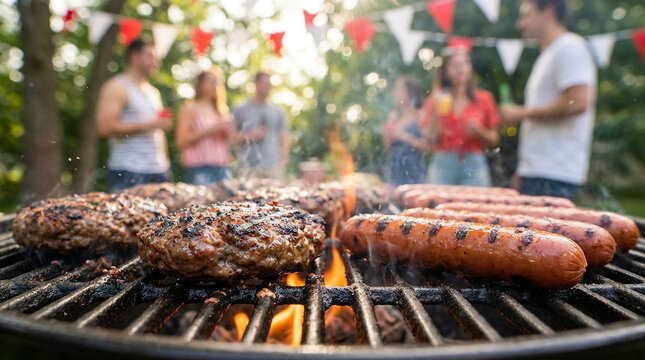  Delicious burgers and sausages sizzling on a hot grill with smoke and flames, while happy friends enjoy a summer outdoor BBQ party in the garden