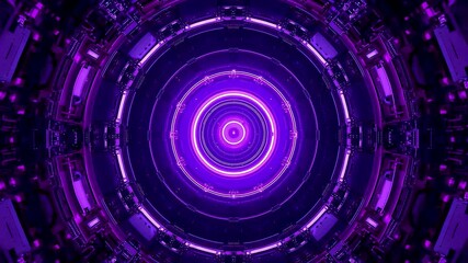 Glowing purple circular digital tunnel with layered rings and radiant center, creating immersive abstract technology scene with depth energy and motion