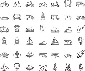 Transportation icon set featuring cars bikes buses trains ships airplanes rockets outlined vector symbols for travel logistics technology collection design
