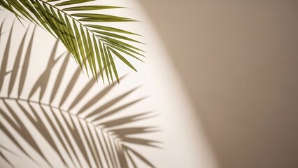 palm leaf and shadow on neutral wall casting geometric pattern sunlight on surface creating minimalist backdrop for design