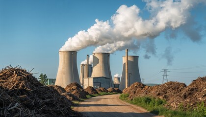 A realistic biomass power plant operating in a rural setting, releasing visible smoke as organic waste piles surround the facility, highlighting the balance between renewable energy production.