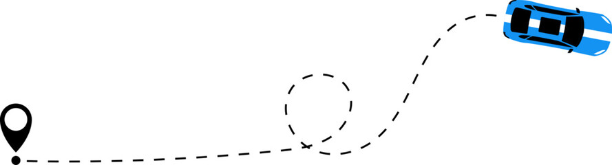 Race car driving on dotted route with map pin. Supercar toy and dotted line. Dashed line route. Travel navigation routes with dash line path, location pins. Car icon with line start point set. 2d game