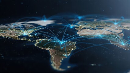 A glowing map of the americas with illuminated connections and lines on a dark background