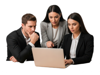 Three business people looking at a laptop screen, teamwork and collaboration concept, isolated on transparent background