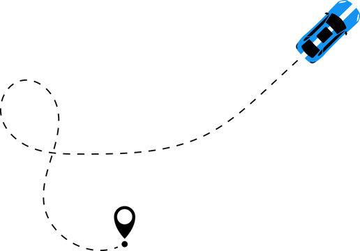 Race car driving on dotted route with map pin. Supercar toy and dotted line. Dashed line route. Travel navigation routes with dash line path, location pins. Car icon with line start point set. 2d game