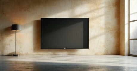 Fototapeta premium Minimalist interior. Wall mounted television, floor lamp. Textured wall, light shadows, empty room. Simple design, modern aesthetic.