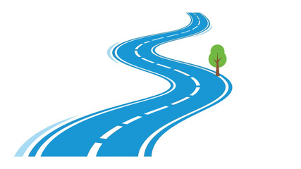 A winding blue road with a single green tree alongside it