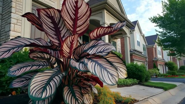 A close-up of a beautiful Calathea plant showcasing striking red and green patterned leaves, highlighting rich color contrast, natural textures, and elegant tropical foliage.