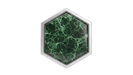Hexagon-shaped Green Marble Stone with Silver Frame on White Background