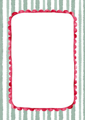 Red scalloped frame with green stripes background.Watercolor illustration for festive invitation.
