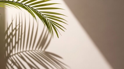 palm leaf and shadow on neutral wall casting geometric pattern sunlight on surface creating minimalist backdrop for design