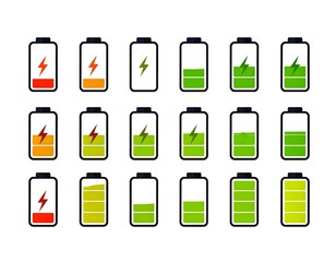 Assorted vector graphics of battery icons showing charge levels