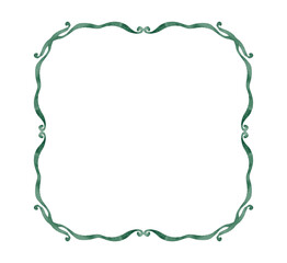 Square green watercolor frame.Hand drawn illustration isolated on white background.