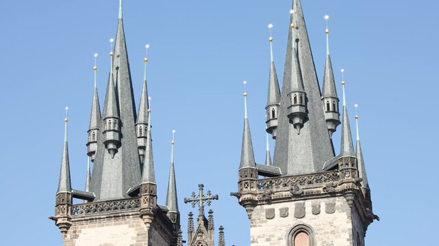 Upward Pan of Gothic Church Spires in Prague
