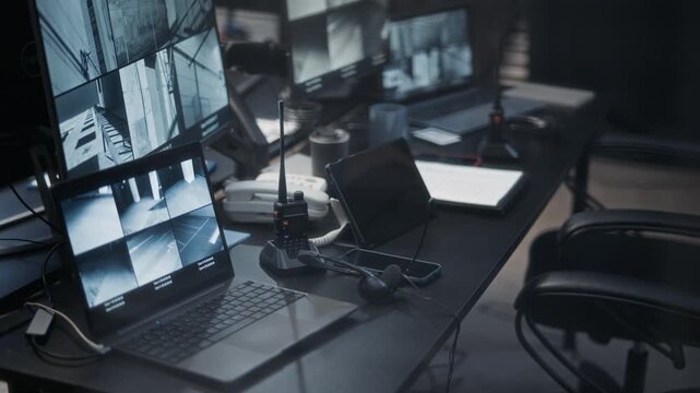 No people shot of multiple CCTV camera feeds on computer and laptop screens at surveillance desk in dark control room alongside walkie talkie used for security communication and monitoring operations