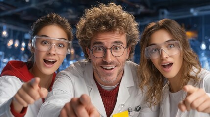 Fototapeta premium Excited scientists in lab coats pointing forward with enthusiasm