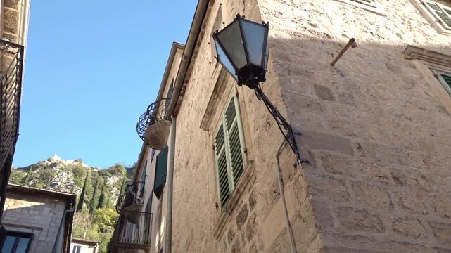 Houses in the old town of Kotor, Montenegro, pivoting clip