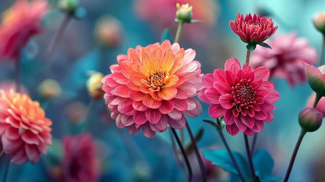  Beautiful and refreshing pink bright dahlia flower field creating a natural, peaceful atmosphere that evokes freshness, joy, and the beauty of nature in full bloom.