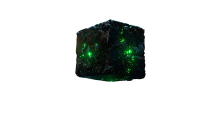 A 3D render of a dark, cubic object with rough, textured surfaces. It has glowing green lights scattered across its form