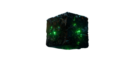 A 3D render of a dark, cubic object with rough, textured surfaces. It has glowing green lights scattered across its form