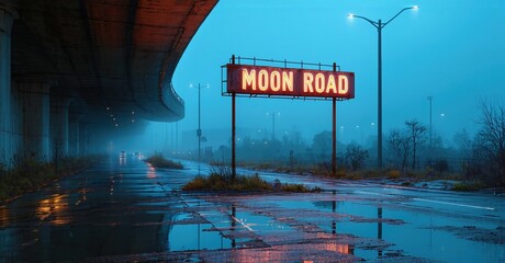 Obraz premium Wet highway underpass. Neon sign reads Moon Road. Gloomy atmosphere, blue tones, reflections visible. Sparse vegetation surrounds road.