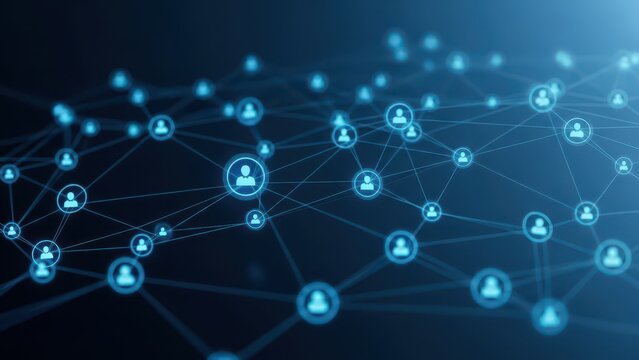 Network of people icons connected by lines on a dark blue background with a gradient effect