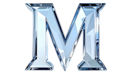 A 3D render of the letter "M", crafted from multifaceted, translucent, and crystalline material, suggesting an ice-like appearance. The letter is isolated
