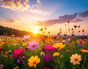 Fototapeta premium A vibrant meadow of cosmos flowers basks in the warm glow of a setting sun.