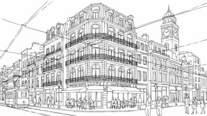 Obraz premium Detailed Architectural Sketch of a European City Building with Clock Tower.