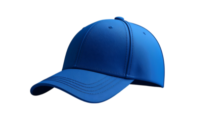A 3D render of a solid blue, simple baseball cap with a curved visor, set against a stark black background
