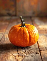 A vibrant orange pumpkin rests centrally on weathered wooden planks.