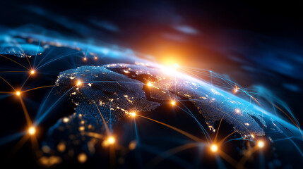 Global network connections visualization over illuminated world map, international communication infrastructure, glowing data pathways, worldwide connectivity concept, dark backgro