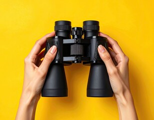 Close-up of hands holding black binoculars against a bright yellow background.