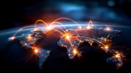 Global network connections visualization over illuminated world map, international communication infrastructure, glowing data pathways, worldwide connectivity concept, dark backgro