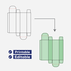 Packaging design die line showing flat template and assembled box mockup
