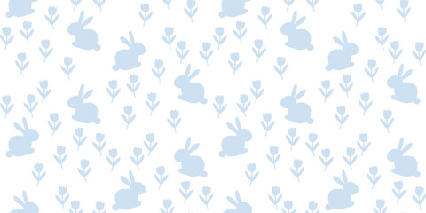 Minimalist seamless pattern with baby blue bunnies and small flowers