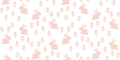Cute muted pink rabbits and flowers in a seamless minimalist pattern