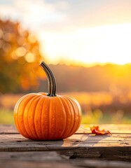 A vibrant orange pumpkin sits on weathered wood bathed in golden sunset light.