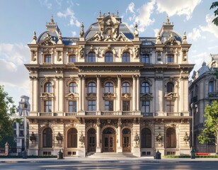 Obraz premium An ornate, highly detailed Neoclassical or Beaux-Arts style mansion facade on a city street.