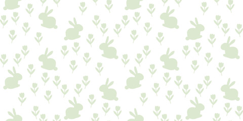 Seamless minimalist pattern with sage green rabbits and spring flowers