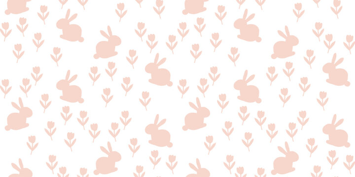 Cute muted pink rabbits and flowers in a seamless minimalist pattern