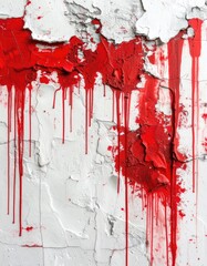 Abstract expressionist dripping red paint over cracked white plaster texture.