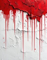 Textured abstract painting featuring thick red impasto dripping onto a cracked white surface below.